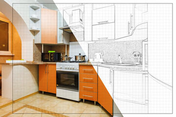 split screen of drawing and photo of interior of modern kitchen in flat apartment from idea to implementation of the finished product