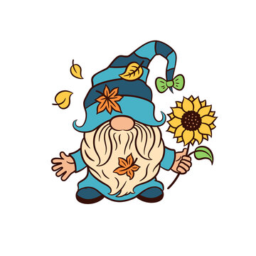 blue gnome holding sunflower clip art preview