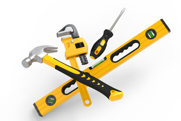 Flying view of yellow construction tools for repair on white