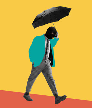 Contemporary art collage. Colorful design. Man in black balaclava walking with umbrella isolated over yellow background