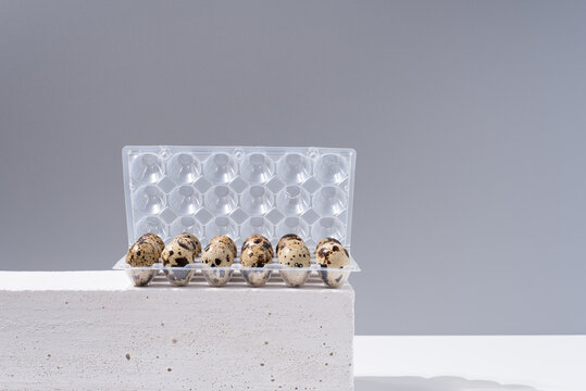 Huevos de codorniz dentro de una huevera sobre mesa blanca y sobre fondo gris	