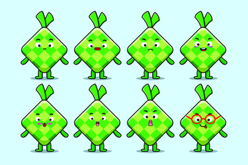 Set kawaii ketupat cartoon character with different expressions of cartoon face vector illustrations