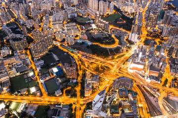 Epic Aerial view in night, Highway in Kowloon downtown, Hong Kong