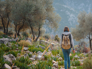 walk in olive grove, Harvest ready to produce extra virgin olive oil. young woman walking in an olive grove in Turkey, over Saklikent canyon