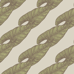 Engraving leaf araceae seamless pattern. Vintage leaves background.