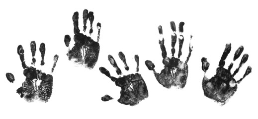 Set hand print in black paint isolated on white  