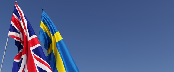 Fototapeta na wymiar Flags of the United Kingdom and Sweden on flagpoles on side. Flags on a blue background. Great Britain, England. Stockholm. 3D illustration.
