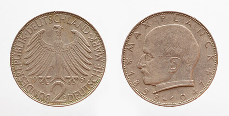Germany - circa 1961: a 2 DM coin of Germany showing the federal eagle of the Federal Republic of...