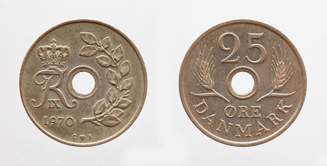 Denmark - circa 1970: a 25 ore of denmark showing the crowned monogram of Frederik IX . Number 25...