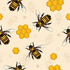 Seamless pattern with honey bees and hexagonal golden honeycombs