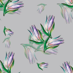 Flowers lily drawing in pastel. Bouquet  flowers on gray background. Floral seamless pattern for papers and fabric.