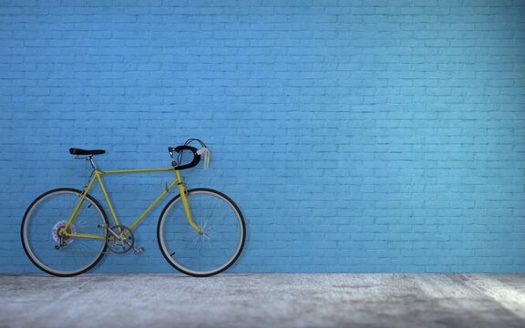 Vintage yellow sports bike stands on a background of blue brick wall, 3D rendering
