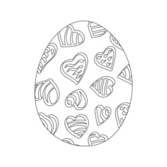 Egg Coloring book page. Easter vector illustration with hearts. Hand drawn template.
