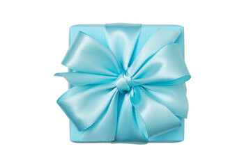 Gift box wrapped in blue paper with satin bow isolated on white background