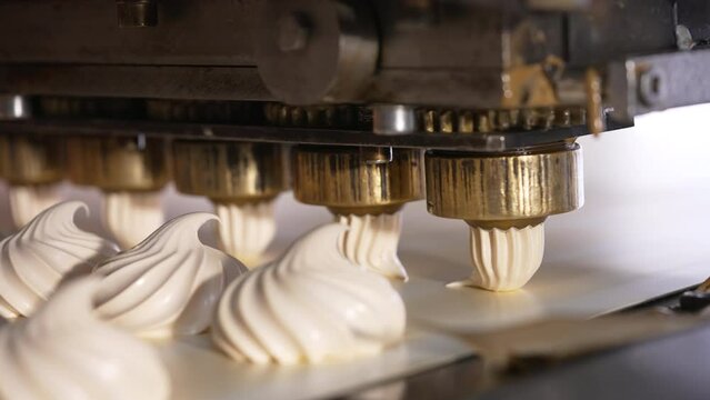 Machine producing white vanilla marshmallows. Creamy desserts are laid on the conveyor line. Close up.