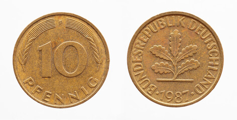 Germany - circa 1987 : a 10 Pfennig coin of Germany showing a number with an ear of grain and a tree with foliage