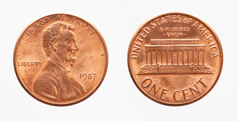 USA - circa 1987: a USA one cent coin showing the portrait of President Abraham Lincoln and the...
