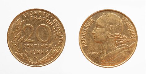 france - circa 1988: a 20 centimes coin of france showing a portrait of the female national figure...