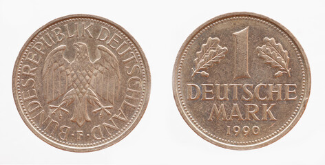 Germany - circa 1990: a 1 DM coin of Germany showing the federal eagle of the Federal Republic of...