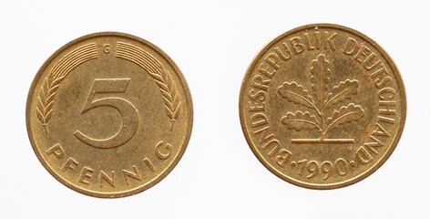 Germany - circa 1990: a 5 Pfennig coin of Germany showing a the number 5 with an ear of corn and a tree with foliage