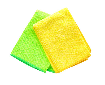 two green yellow color cleaning wipes isolated on white background