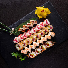 sushi set on the dark background