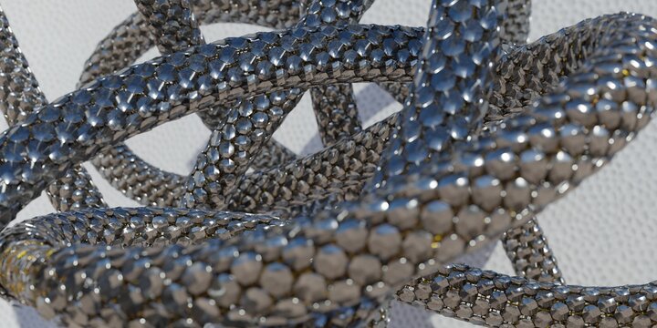 3D rendering. Metal serpentine chain, a close-up of a snake on a white background, a round volumetric object, texture, background.				
