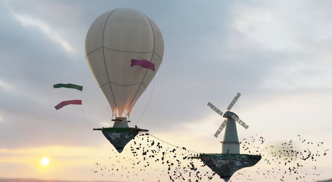 3D rendering. A large balloon and a mill fly against the sky and sunset, in soft shadows. Background design for banner, poster, flyer, cover.				
