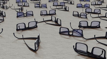 3D rendering. Many black glasses lie on the table. background, wallpaper, concept of optics, business, office				
