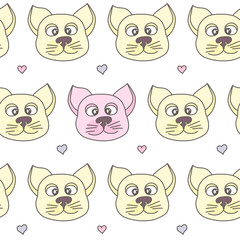 Seamless vector pattern with cute cats in love and hearts design. Illustration template for printing wrapping paper and fabrics, baby textiles and wallpaper.
