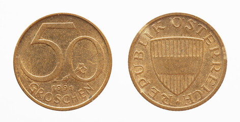 Austria - circa 1991: a 50 Groschen coin of Austria showing the coat of arms of Austria and the alpine flower Gentian, Gentiana Text: Republick Austria