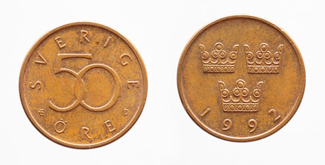 Sweden - circa 1992: 50 ore coin of Sweden showing three crowns from the time of King Carl XVI. Gustav of Sweden