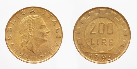 Italy - circa 1995: a 200 lire coin of Italy showing a woman's head of the Republic of Italy and the number 200