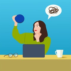 Girl sitting at laptop looking at something vector illustration in flat style