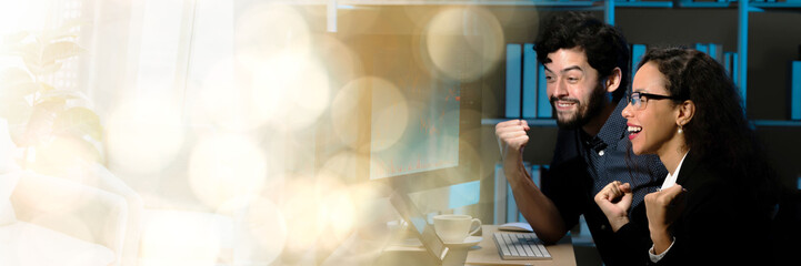 Web banner two business people wearing glasses wearing earrings rejoicing at the outcome of their...