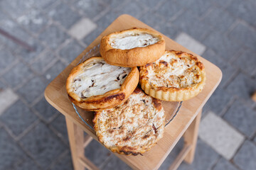 Pie with meat filling. Delicious meat pie on table.