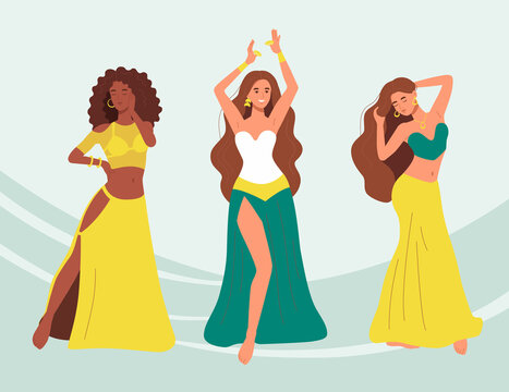 Set of belly dancers women in oriental dresses with long hairs. Professional arabian dance perfomance by young beautiful girls. Female sensuality body in turkish ethnisity costum. Isolated vector
