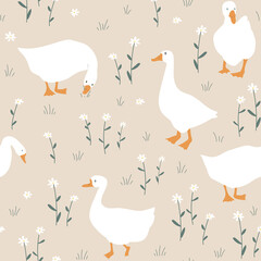 Cute seamless pattern with goose and doodle flowers. Geese in the grass. Vector illustration on white background. © Toltemara