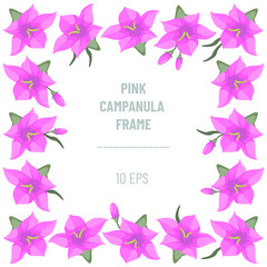 Pink campanulas frame; square frame with buds pinkbells for greeting cards, invitations, posters, banners, packaging and other design. Vector illustration.