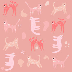 Fototapeta na wymiar Funny cats in pastel pink shades. Children's rink. Seamless vector pattern for printing on textiles, gift paper, wallpaper, postcards