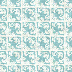 Aegean teal geo grid patterned linen texture background. Summer coastal living style wash check fabric effect. Sea green wash grunge distressed geometric grid. Home decor textile seamless pattern