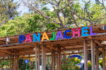 panajachel city sign on the beach front of lake atitlan, guatemala