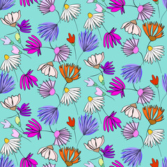 Vector seamless half-drop pattern, with  flowers