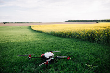 Fototapeta na wymiar Flying agriculture drone with copy space