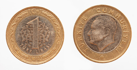 Turkey - circa 2010: a 1 Lira coin of Turkey showing a portrait of Turkey's founder Mustafa Kemal...