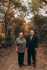 Obraz premium Portrait of beautiful senior couple posing in the park. grain effect.