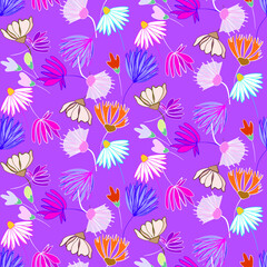 Vector seamless half-drop pattern, with  flowers