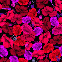 Surface poppy flower  seamless pattern. Hand drawn floral illustration with pink and red flowers for wedding design, surface, textile, wallpaper and romantic invitation card. 