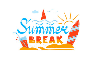 Summer holidays. Lettering, decorated with a surfboard and cocktail.