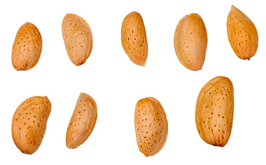 Almonds isolated on a white background, top view